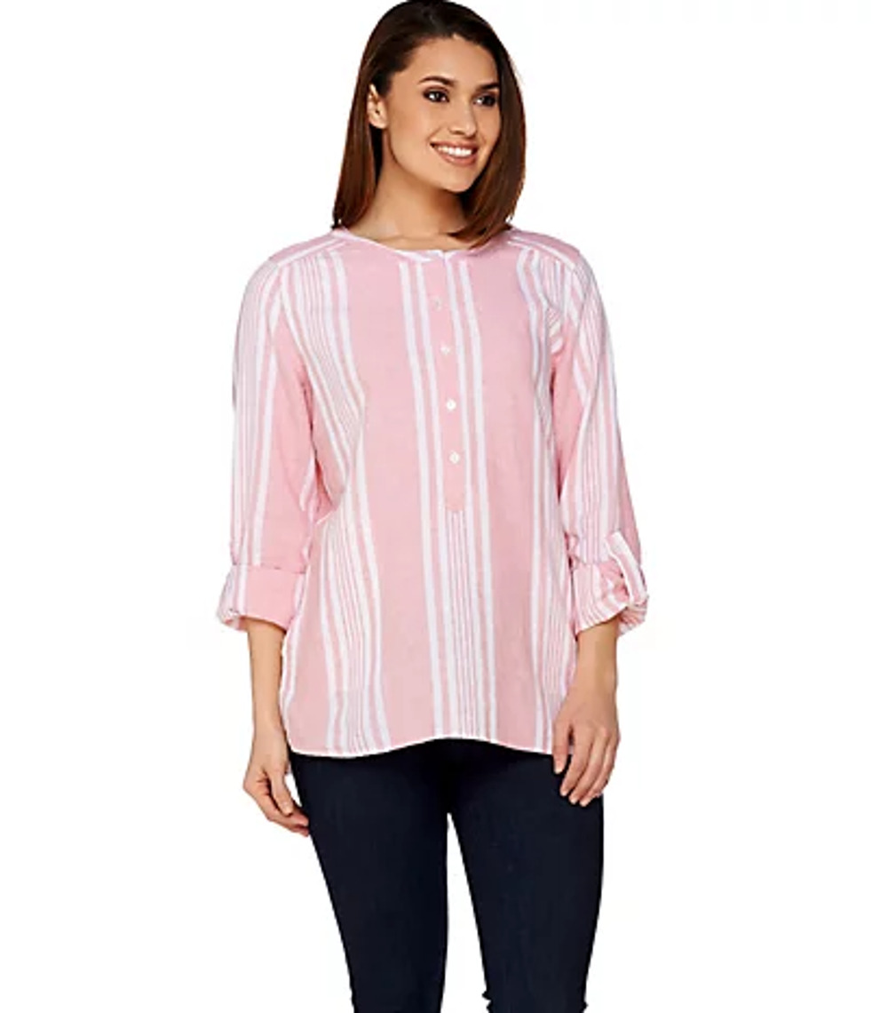 Denim & Co. Womens Striped Woven Top XS Pink Yarn Dyed Linen Blend NWOT
